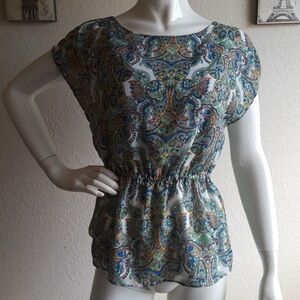 Banana Republic Blue and Green Cap Sleeve Blouse